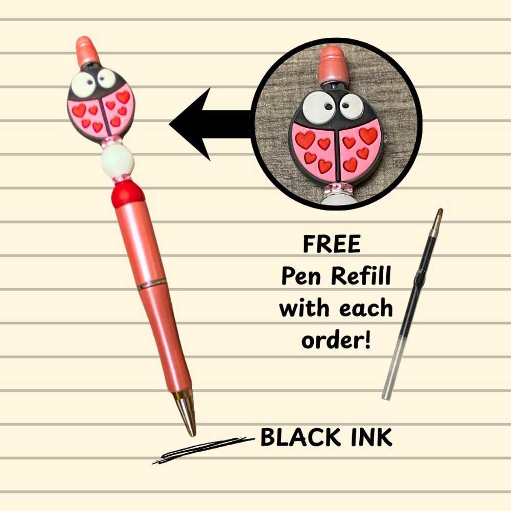 Handmade Custom Beaded Ladybug Pen - Picture 2 of 3